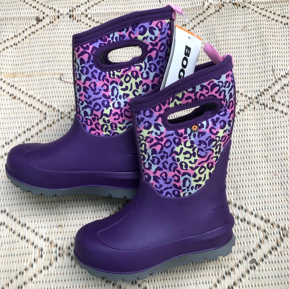 Bogs Purple Kids Neoprene Boots with Multicolor Leopard Shaft